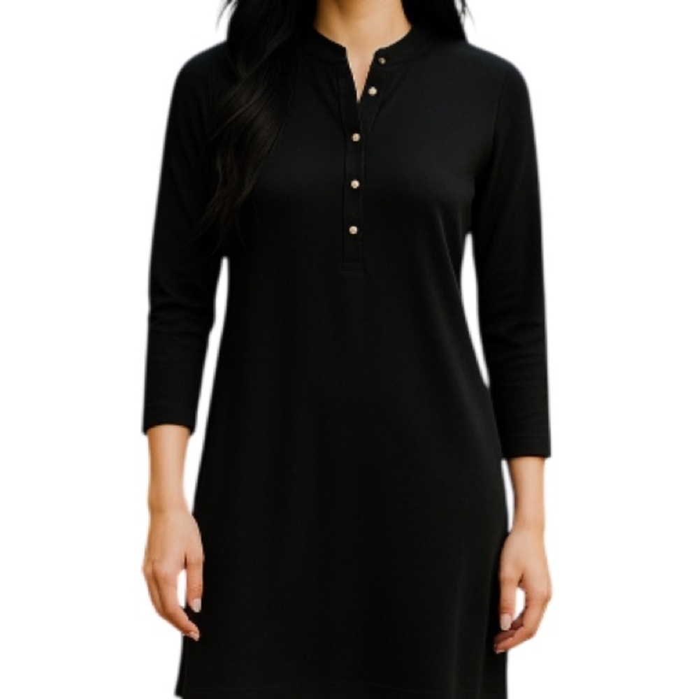 CALVIN KLEIN Long Sleeve Shirt Dress Black Preppy Gold Buttons Collarless Size 4